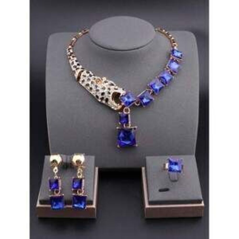 1set Blue Crystal Leopard Necklace Earrings And Ring S Gift Dainty - Picture 1 of 7